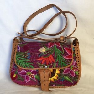 Handmade Floral Embroidery Crosdbody Bag Genuine Leather Medium Vintage